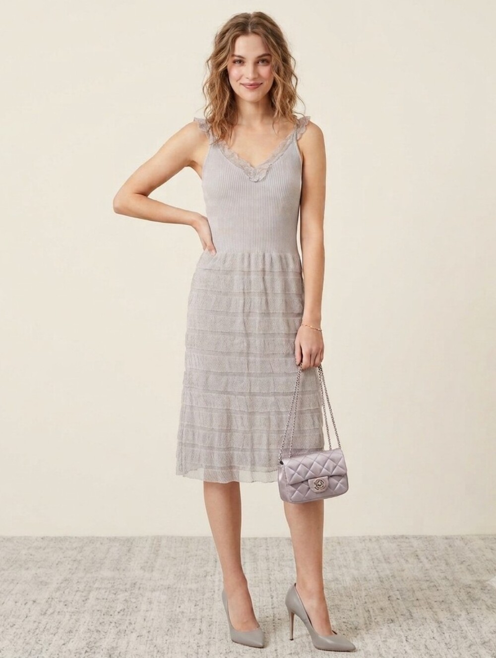 HUGO BOSS ( ITALY) Creped Sandy Grey Flutter Slip Dress